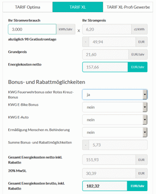 Beispiel Stromkostenrechner mit Tarifvergleich eines Energierversorgers
